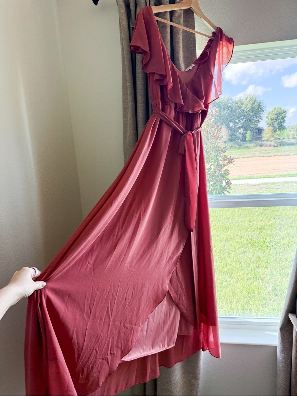 Baltic Born Dusty Rosewood Ruffle V-Neck Maxi Dress